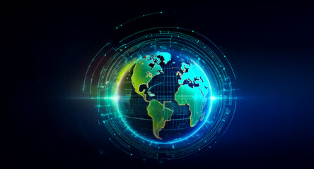 A digital globe hovers, encircled by glowing lines and rings, against a dark blue backdrop.  It evokes themes of global connectivity and modern technology.