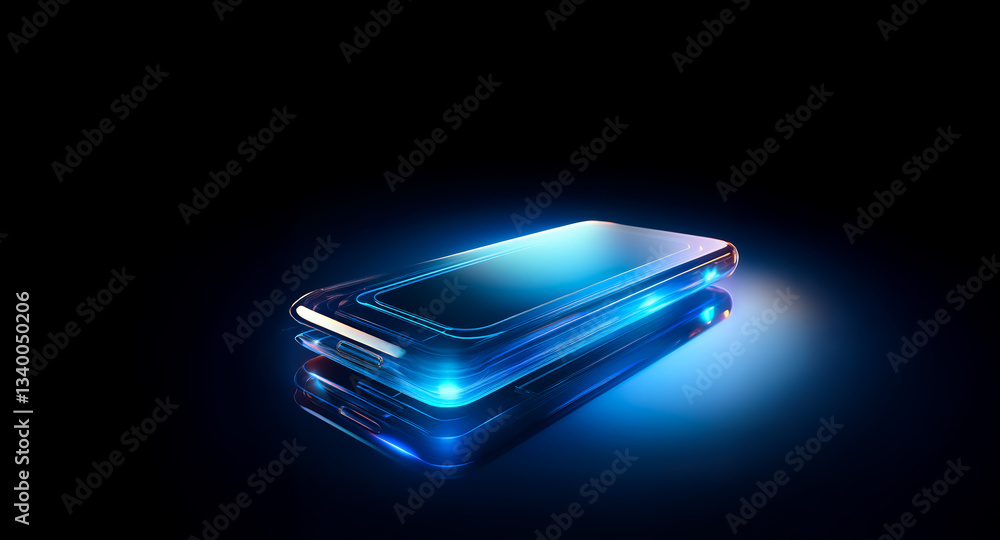 Poster sleek glowing rectangle with blue light edges, reflecting on a glossy black surface. modern technolo