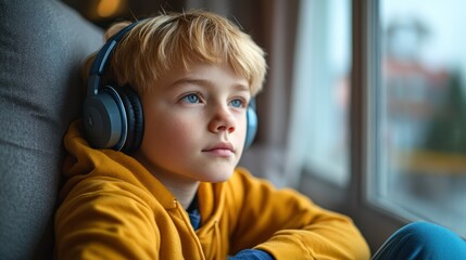 Young Boy Listening to Music by the Window