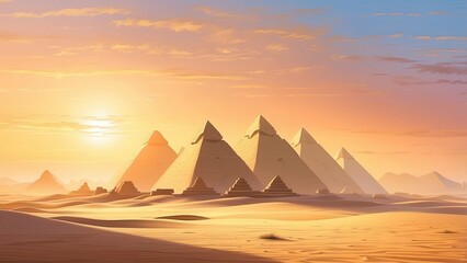 A breathtaking desert landscape featuring four iconic pyramids silhouetted against a golden sunset.
