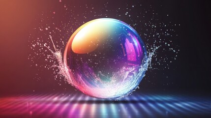 Vibrant iridescent sphere, water splash, neon lights, abstract art, digital painting, colorful bubble,