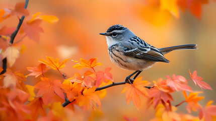Naklejka premium A close-up of a bird perched on a branch covered in fiery orange leaves, with a soft focus background