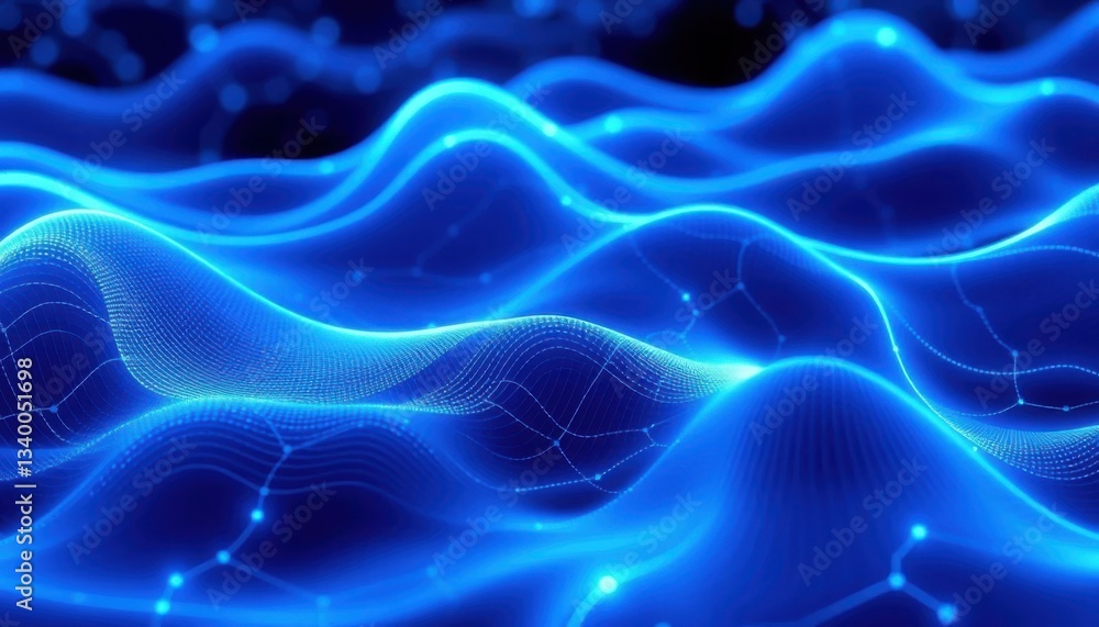 Poster futuristic cyber-tech visualization: neon blue waves creating an ai network