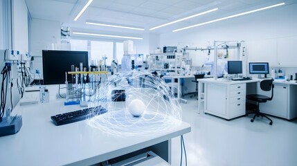 A bright mysterious energy field emanating from an unidentified object within a highly advanced technology filled laboratory setting