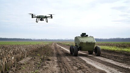 A camouflaged military vehicle equipped with advanced sensors and technology designed to detect and counter unmanned aerial vehicles drones in a remote agricultural setting
