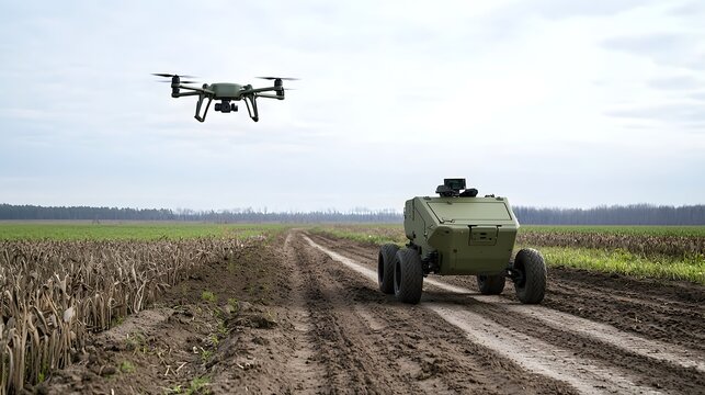 A camouflaged military vehicle equipped with advanced sensors and technology designed to detect and counter unmanned aerial vehicles drones in a remote agricultural setting