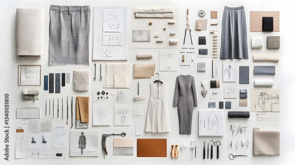 Poster A carefully composed flat lay showcasing various materials textures and sketches that inspire a conceptual fashion design process