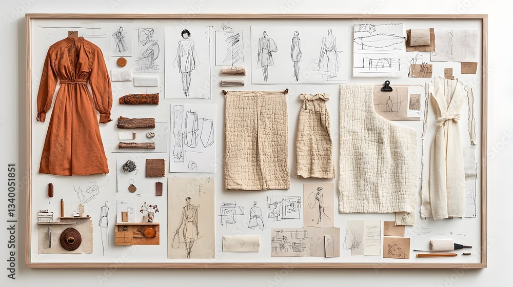 Poster A carefully curated display of fashion design elements including fabric swatches color studies and sketched silhouettes creating an inspiring and insightful mood board