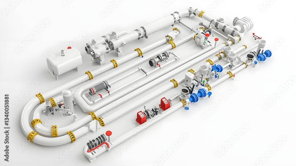 Poster A carefully designed modular pipe system with various components like valves connections and tubes arranged in an organized layout against a clean white background