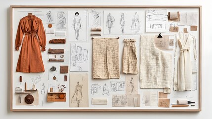 A carefully curated display of fashion design elements including fabric swatches color studies and sketched silhouettes creating an inspiring and insightful mood board