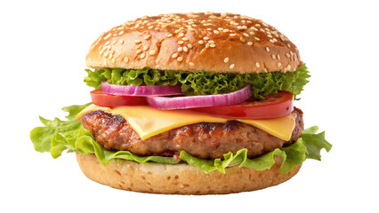 Tasty hamburger with layers of fresh ingredients including crispy lettuce, ripe tomato, melted cheese, and a perfectly cooked beef patty on transparent background PNG.