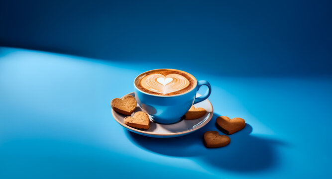 A vibrant blue cup filled with latte art forms a heart, paired with heart-shaped cookies, all against a bright blue backdrop, creating a lovely, warm atmosphere.