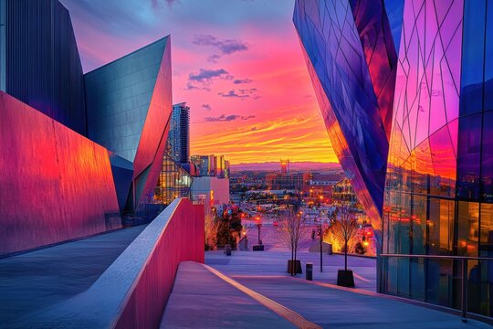 Denver Art Museum during sunset, featuring vibrant colors in the sky. Ideal for architectural publications or travel related to Denver city.