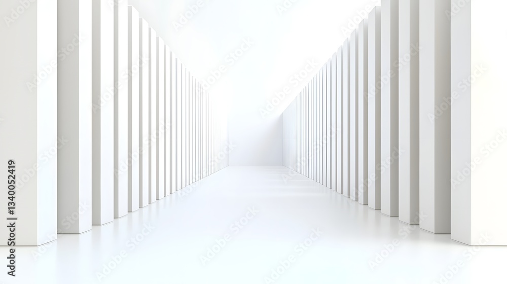 Poster A clean minimalist architectural corridor with a symmetrical pattern of repeating white columns receding into the distance creating a sense of depth and scale through the vanishing perspective
