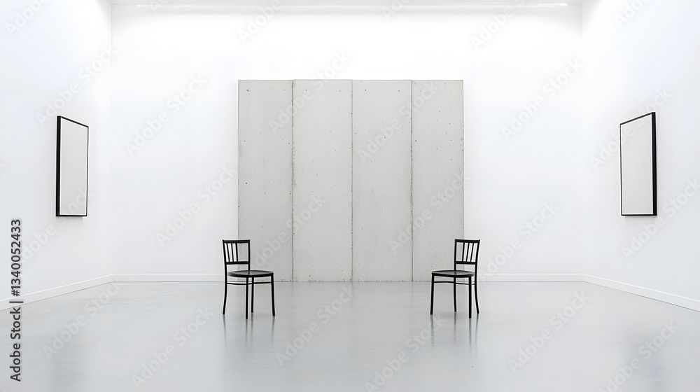 Poster a clean minimalist interior space featuring symmetrical white walls and simple black chairs creating