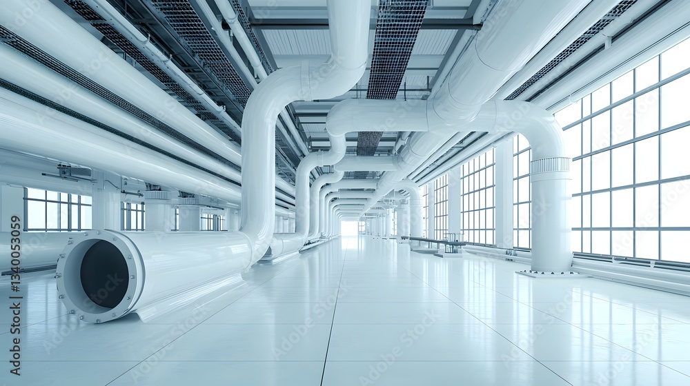 Poster a close up view of an extensive network of industrial pipes and ducts within a large modern and well