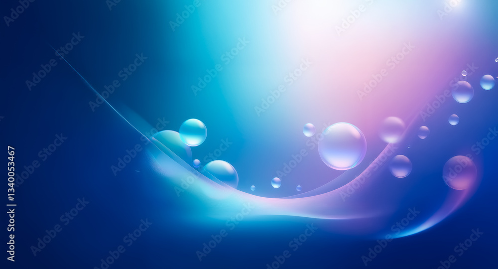 Poster abstract background with blue and purple gradient. shiny bubbles float along a smooth, bright wave o