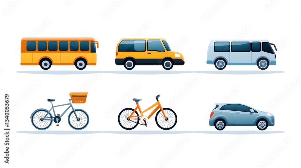 Poster A collection of icons depicting different vehicles and transportation options including a bus van car and bicycles arranged in a horizontal layout on a white background