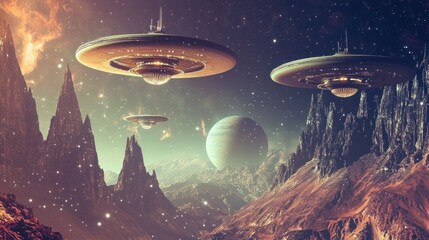 Alien spacecraft over a fantastical alien planet