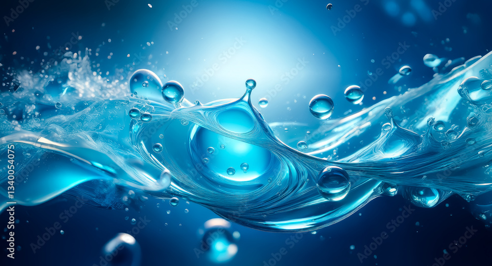 Poster dynamic blue water splash with droplets and light effect, creating a refreshing and fluid motion. co
