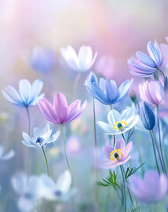 Field of vibrant anemones and bluebells bask in sunny warmth, creating serene and enchanting scene, full of joyous, colorful expression