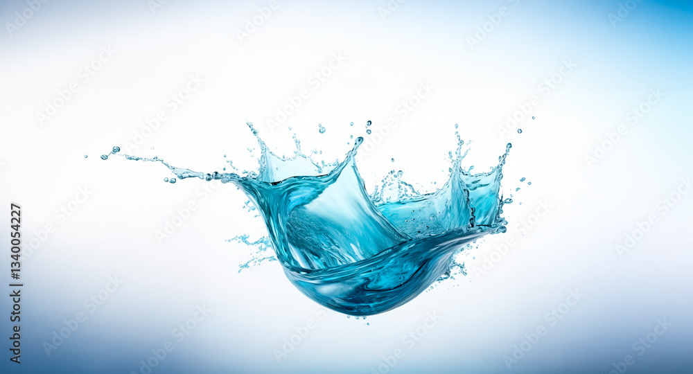 Poster clear blue water splashes with force against a soft gradient backdrop of white and blue. liquid in d