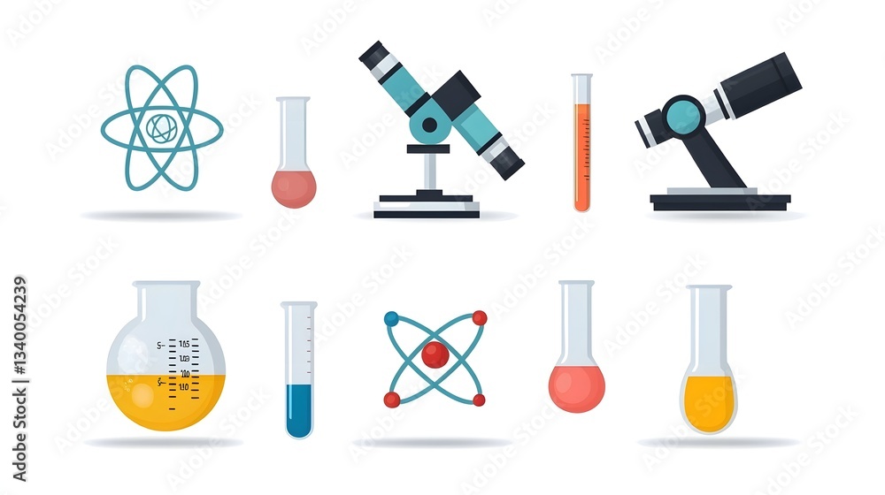 Poster A collection of six iconic scientific symbols and tools including a microscope atom model and various laboratory glassware arranged in a horizontal layout against a clean white backdrop