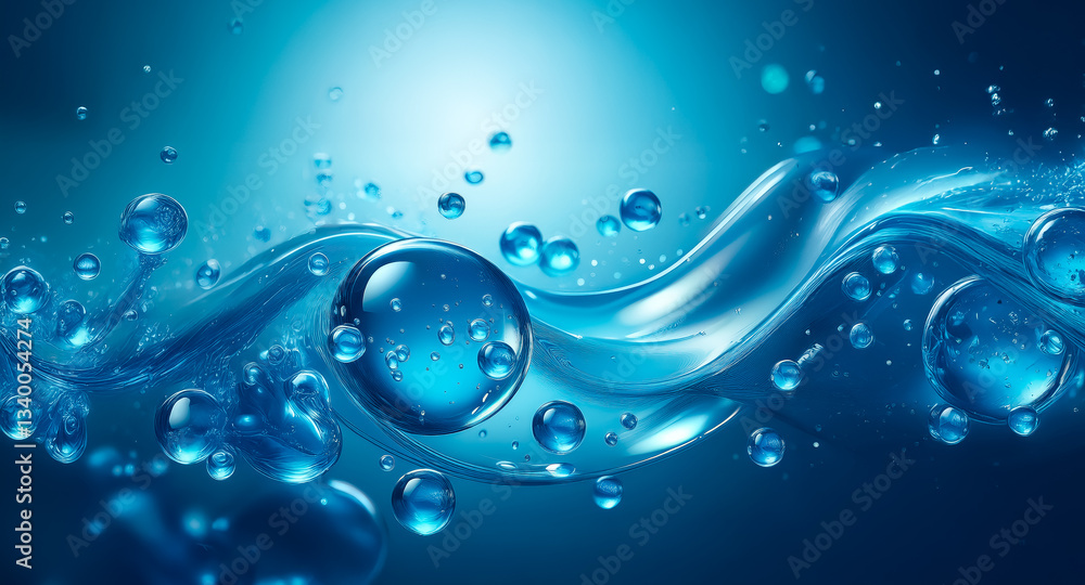 Poster abstract blue liquid with water waves and droplets, creating a refreshing and dynamic scene.