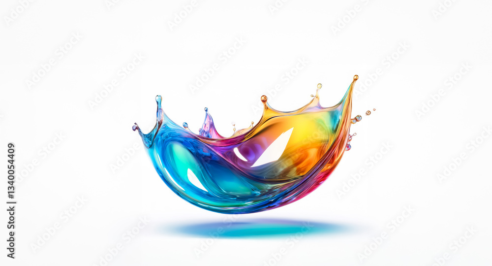 Poster a vibrant splash of multicolored liquid forms a dynamic wave against a clean white backdrop, creatin