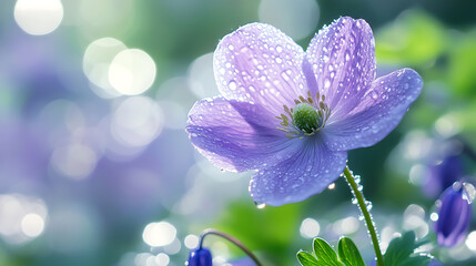 Here description and keywords for image, formatted as requested beautiful close up shot of anemone with blurred bluebells. morning dew glistens, creating serene and refreshing atmosphere