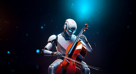 Fototapeta premium A futuristic robot with glowing blue eyes is playing a cello against a dark backdrop with sparkling blue light. The scene evokes a sense of technology and musical artistry.