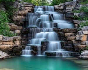Fototapeta premium Crystal-clear waterfall cascading down rugged rocks into a turquoise pool surrounded by greenery