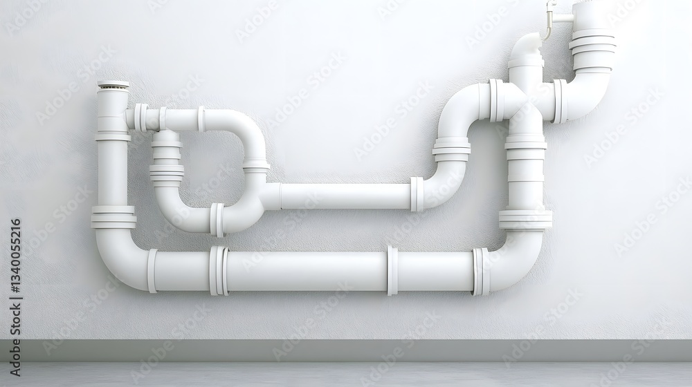 Poster A complex network of interconnected pipes and plumbing elements arranged in a clean organized layout against a bright neutral background