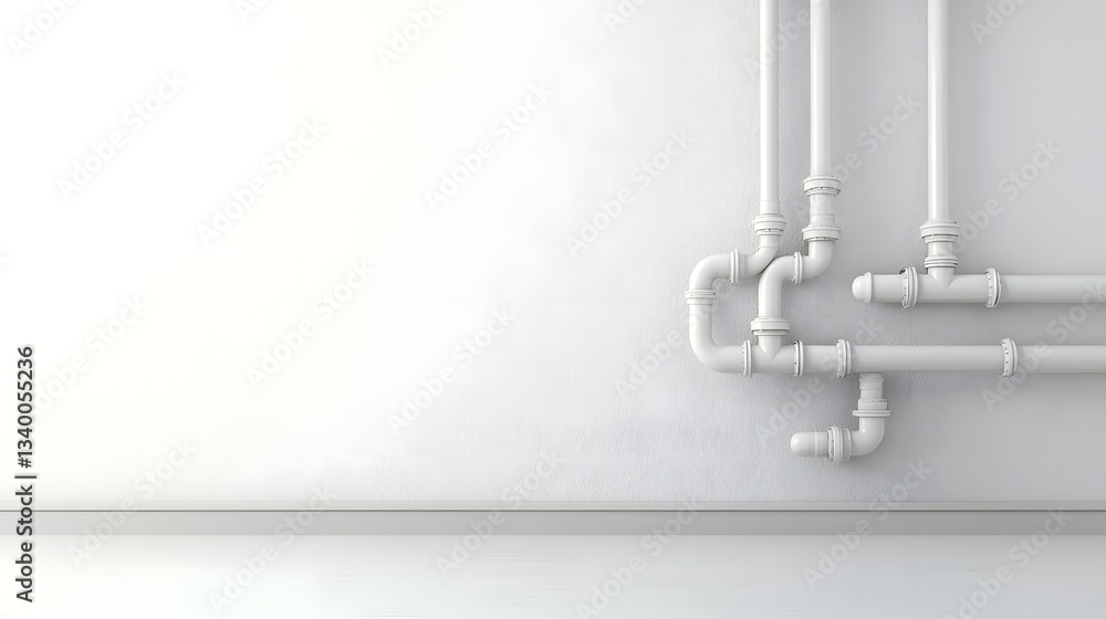 Poster A complex network of white water drainage pipes and fittings against a clean minimalist white background showcasing the functional and efficient design of industrial plumbing systems
