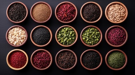 Assorted spices in wooden bowls arranged on a dark surface
