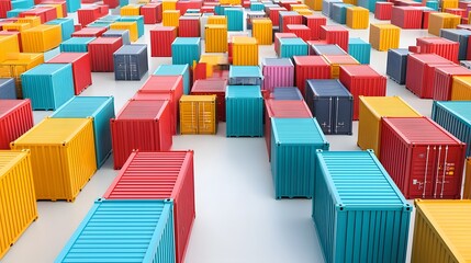 Obraz premium A conceptual image depicting a maze of colorful cargo containers symbolizing trade barriers and obstructed international trade flows