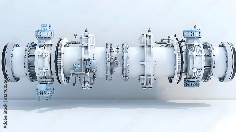 Poster A cross section of an intricate industrial fluid pipeline system showcasing its complex engineering and mechanical components on a clean white background