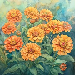 Watercolor zinnia blossoms in garden