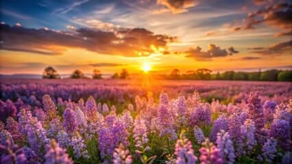 Fototapeta premium Dreamy Lilac Field at Sunset - Long Exposure Photography