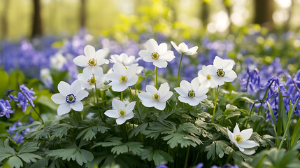 Fototapeta premium White anemones and bluebells in spring create serene and dreamy scene. soft bokeh background gives feeling of tranquility and peace in this springtime image