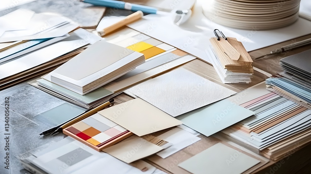 Poster A designer s workspace filled with various design materials and samples used for brainstorming and creating mood boards including color palettes and textile swatches