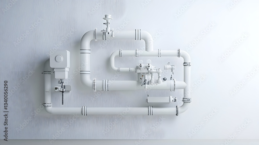 Poster a detailed and complex network of interconnected white metal pipes and valves representing an underg