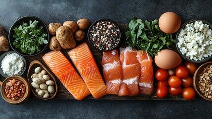 Assortment of healthy fats including salmon, nuts, eggs, cheese and greens. Nutrient-rich foods supporting overall wellness and heart health. Perfect balance for National Healthy Fats Day