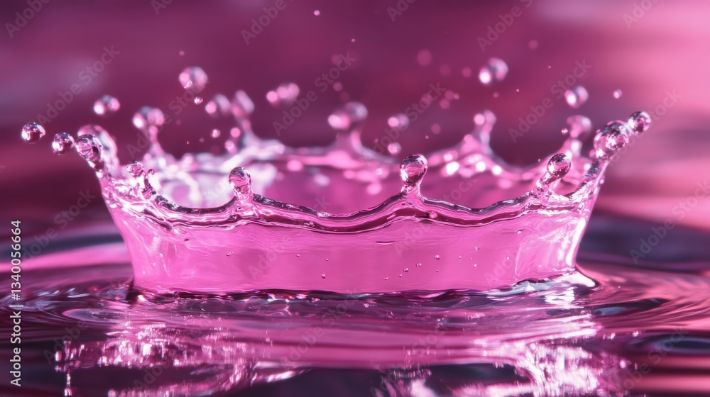 Poster pink water splash creating a crown shape, close-up view. artistic concept