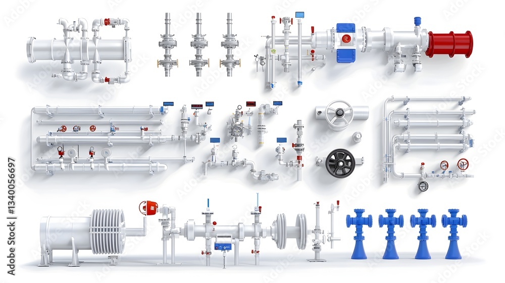 Poster a detailed schematic diagram showcasing the components of an intricate industrial water pipe and val