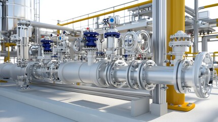 A detailed image showcasing the complex network of industrial water pipes valves and associated equipment in a modern manufacturing or processing facility