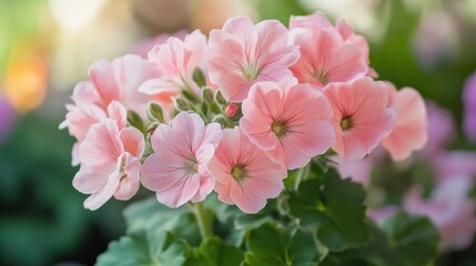 Obraz premium Delicate Pink Geraniums in a Garden Setting