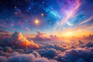 Naklejka premium Dreamy Pastel Sky Watercolor Background: Soft Clouds, Twinkling Stars, Aerial View