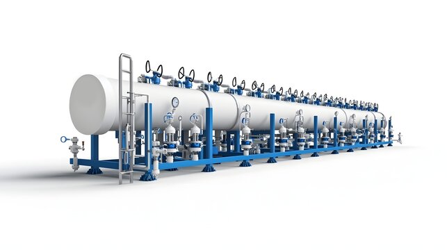 A detailed organized system of interconnected pipes and tanks for water purification and distribution at an industrial water treatment facility
