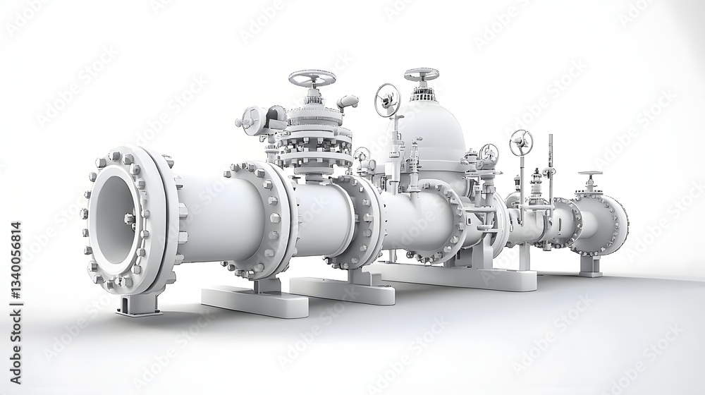Poster A detailed view of a complex mechanical engineering pipe structure on a clean white background